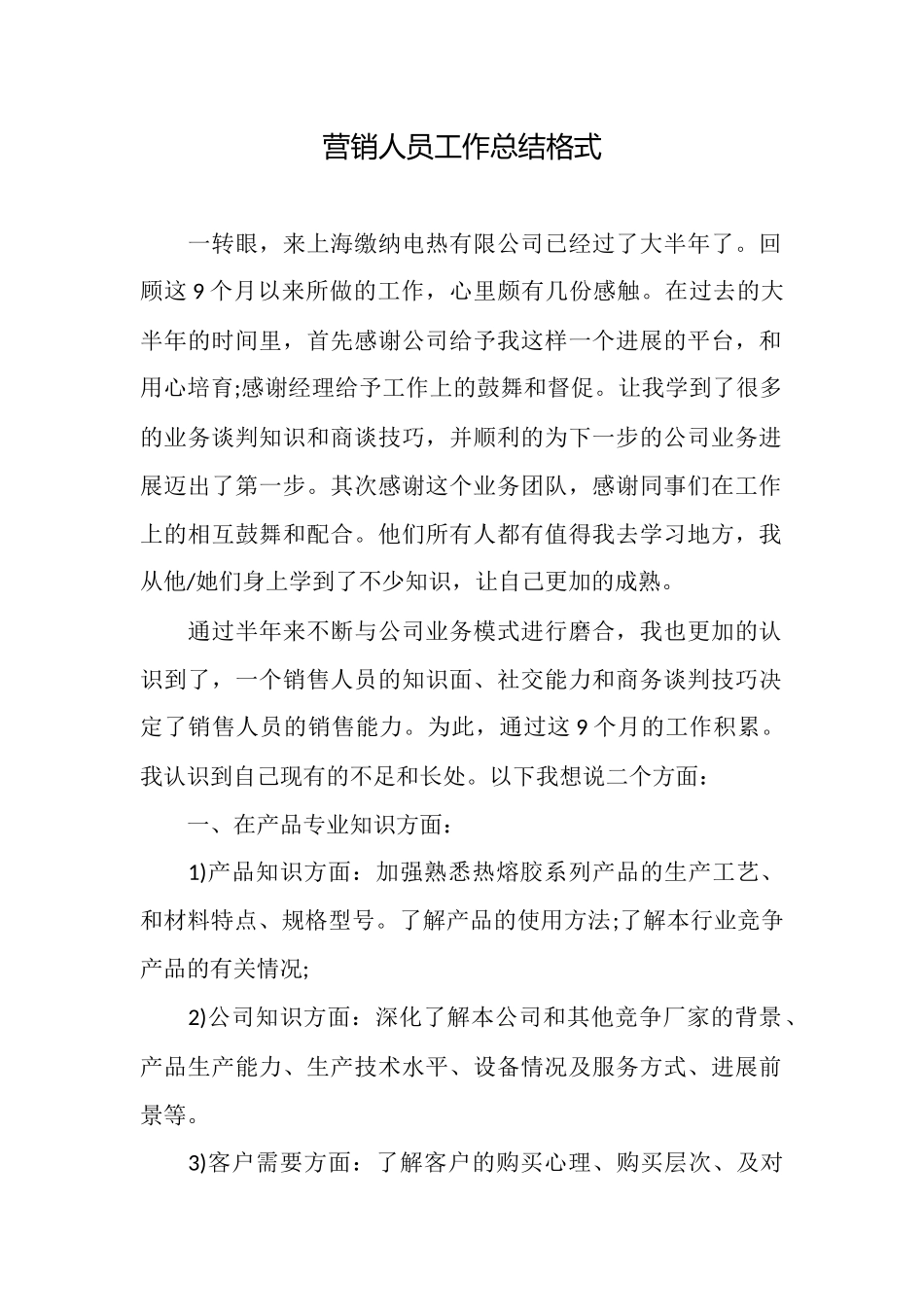 营销人员工作总结格式_第1页