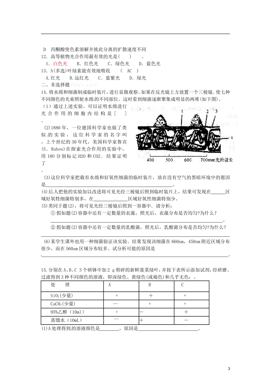 辽宁省海城市牛庄高级中学2013-2014学年高中生物 5.4《捕获光能的色素和结构》学案 新人教版必修1 _第3页
