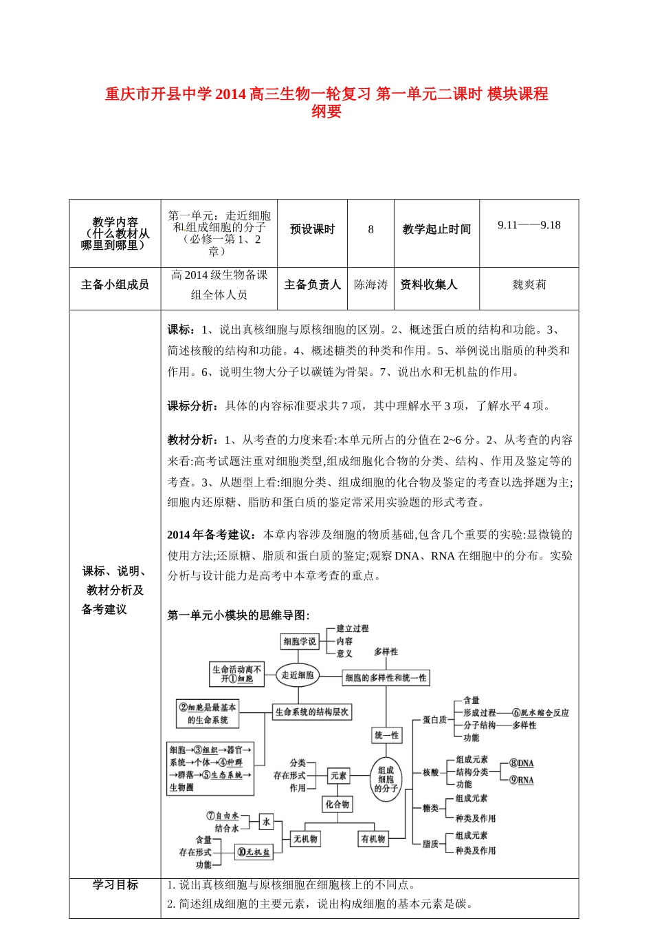 重庆市开县中学2014高三生物一轮复习 第一单元二课时 模块课程纲要_第1页