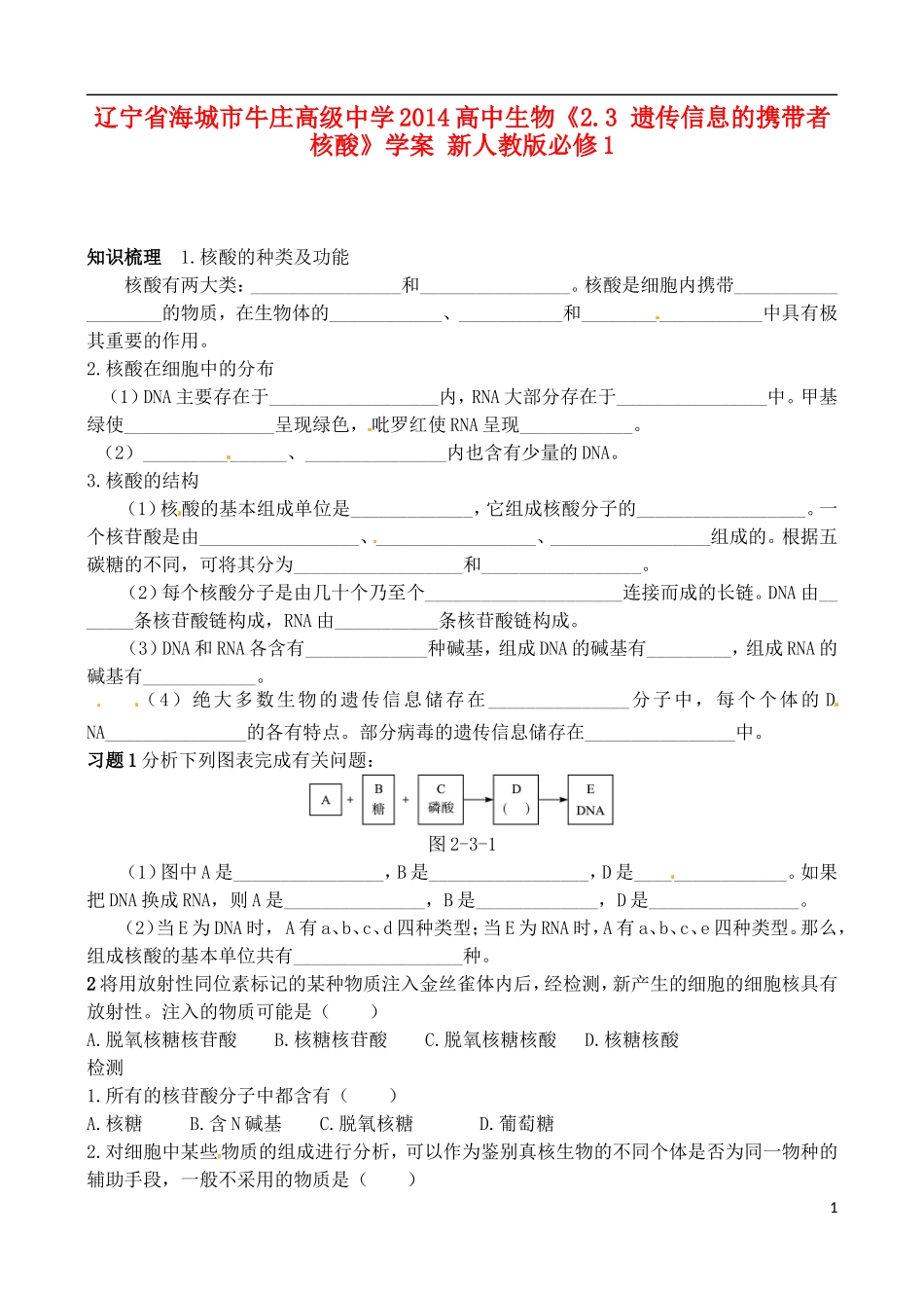 辽宁省海城市牛庄高级中学2014高中生物《2.3 遗传信息的携带者 核酸》学案 新人教版必修1_第1页
