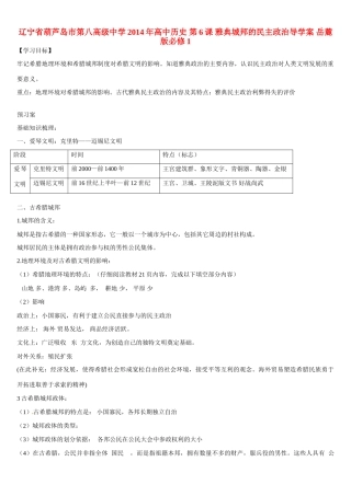 辽宁省葫芦岛市第八高级中学2014年高中历史 第6课 雅典城邦的民主政治导学案 岳麓版必修1