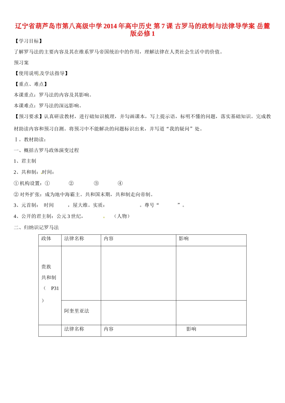 辽宁省葫芦岛市第八高级中学2014年高中历史 第7课 古罗马的政制与法律导学案 岳麓版必修1_第1页