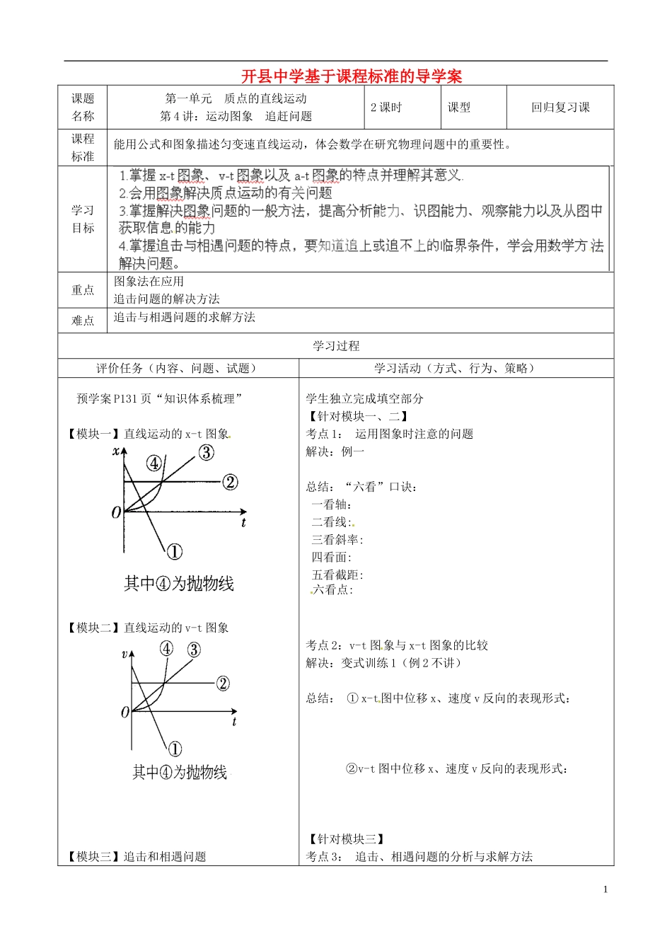 重庆市开县中学2014年高考物理一轮复习 1.4 运动图象 追赶问题导学案_第1页