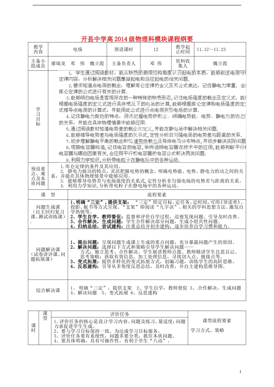重庆市开县中学2014年高考物理一轮复习 第12周 模块课程纲要导学案_第1页
