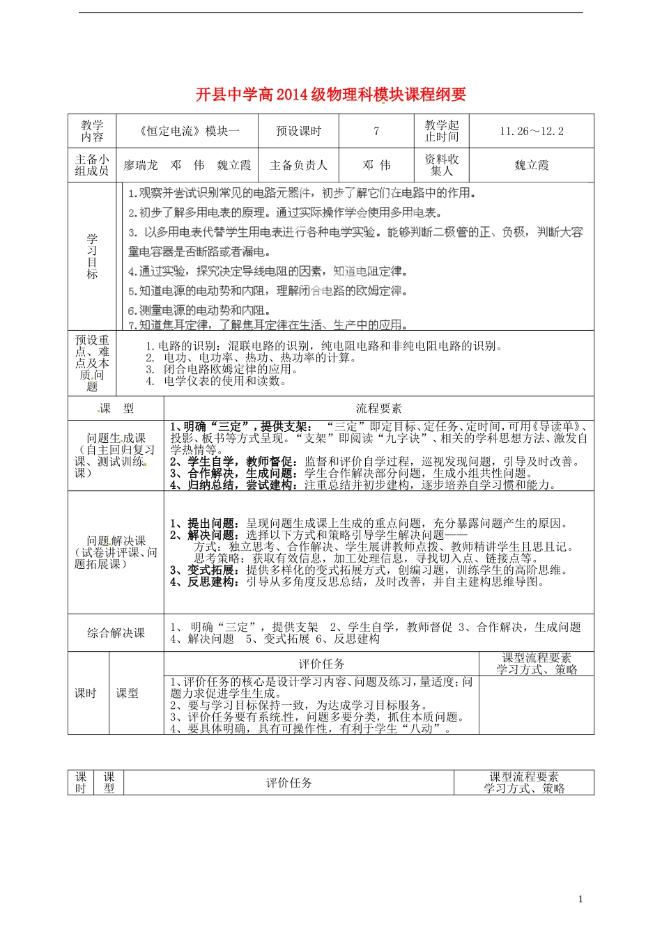 重庆市开县中学2014年高考物理一轮复习 第13周 模块课程纲要导学案_第1页