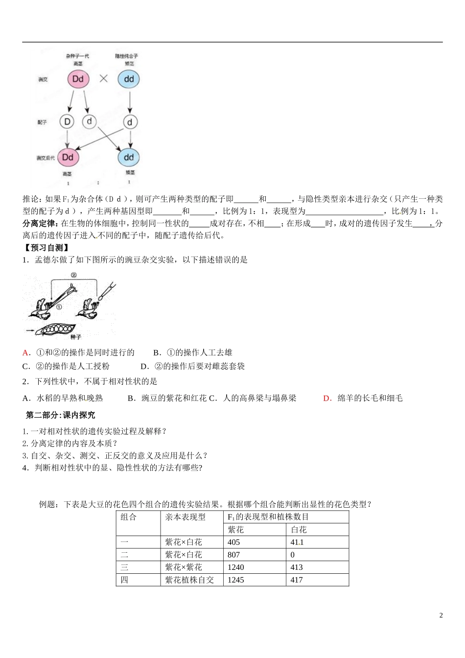 辽宁省葫芦岛市第八高级中学2014年高中生物 第1章《1.1孟德尔的豌豆杂交实验》导学案 新人教版必修2_第2页