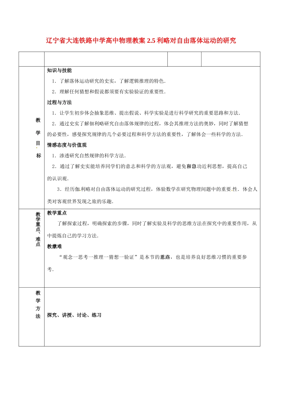 辽宁省大连铁路中学高中物理 2.5利略对自由落体运动的研究教案_第1页
