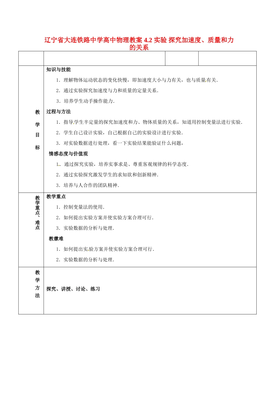 辽宁省大连铁路中学高中物理 4.2 实验 探究加速度、质量和力的关系教案_第1页