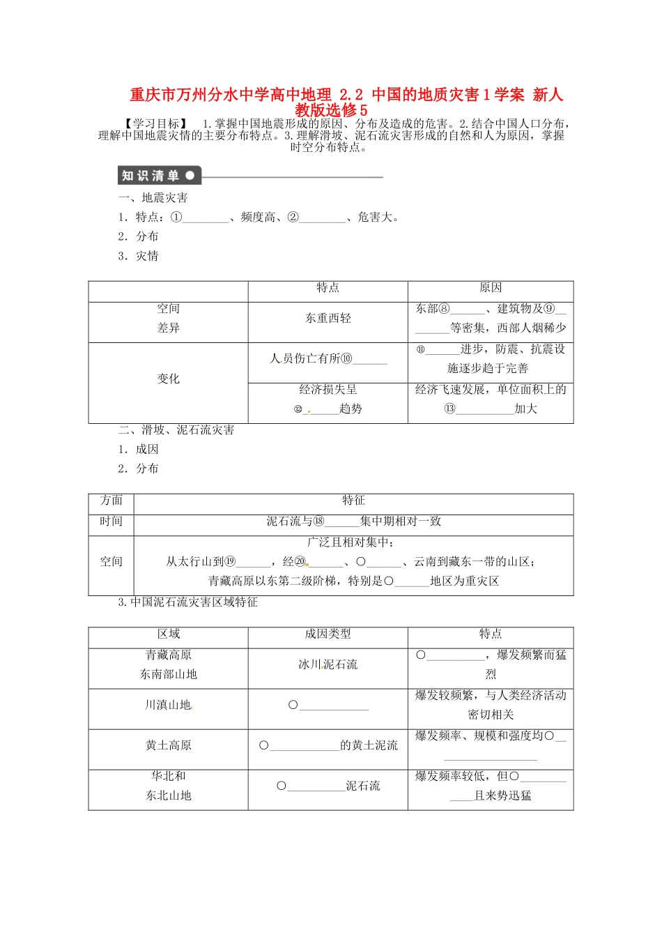 重庆市万州分水中学高中地理 2.2 中国的地质灾害1学案 新人教版选修5_第1页