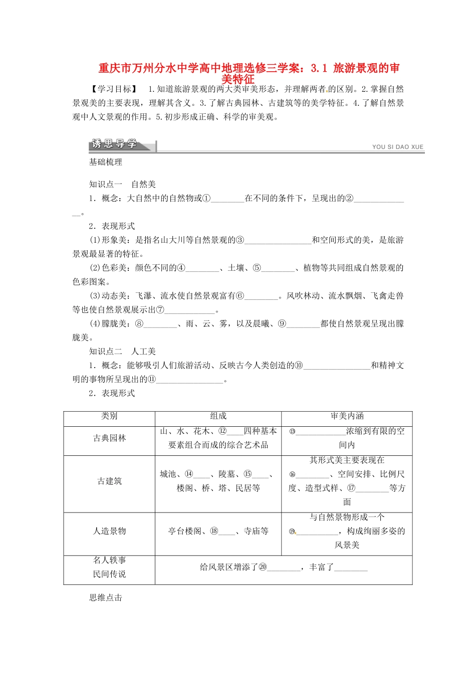 重庆市万州分水中学高中地理 3.1 旅游景观的审美特征学案 新人教版选修3_第1页