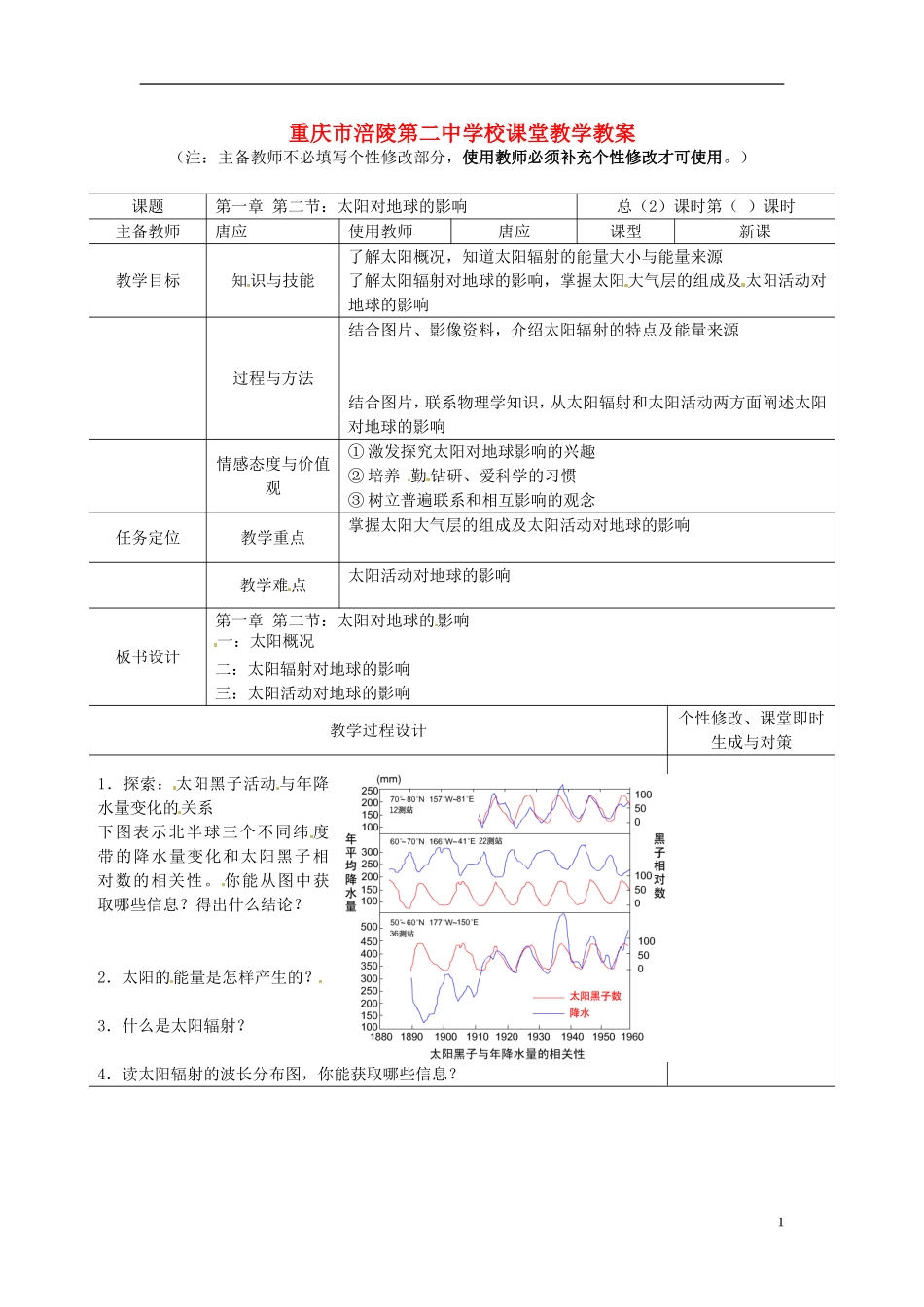 重庆市涪陵第二中学高中地理 1.2 太阳对地球的影响教案 中图版必修1_第1页