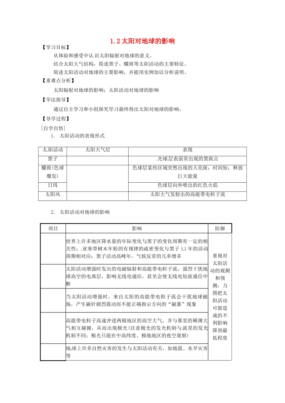 辽宁省东北育才中学2014-2015学年高中地理 1.2 太阳对地球的影响导学案 中图版必修1_第1页