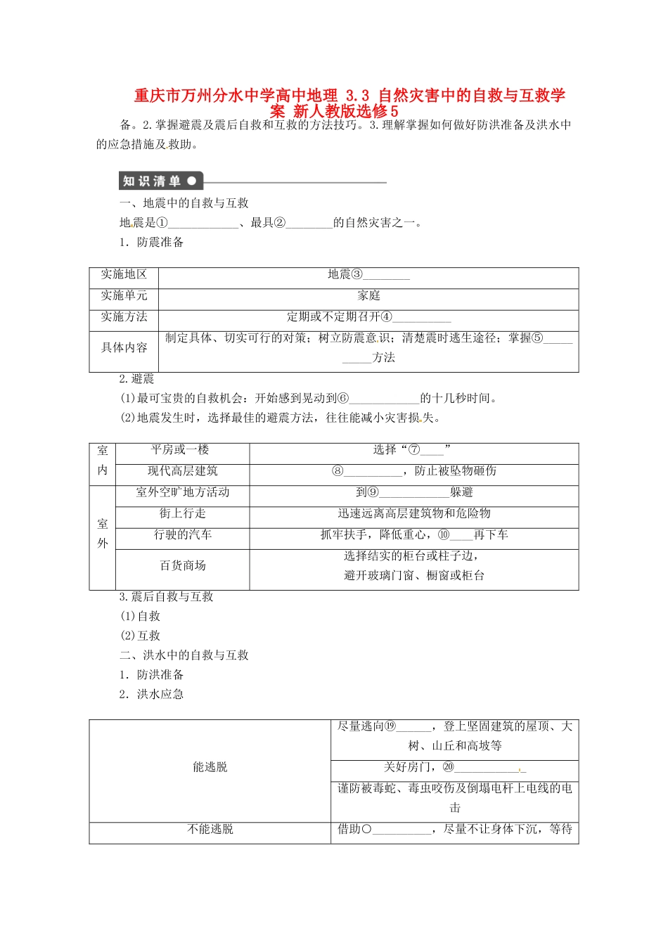 重庆市万州分水中学高中地理 3.3 自然灾害中的自救与互救学案 新人教版选修5_第1页