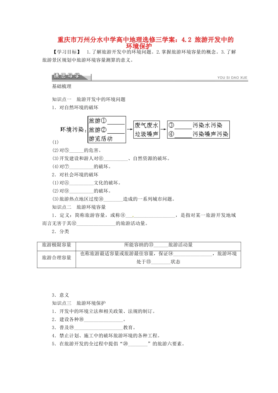 重庆市万州分水中学高中地理 4.2 旅游开发中的环境保护学案 新人教版选修3_第1页