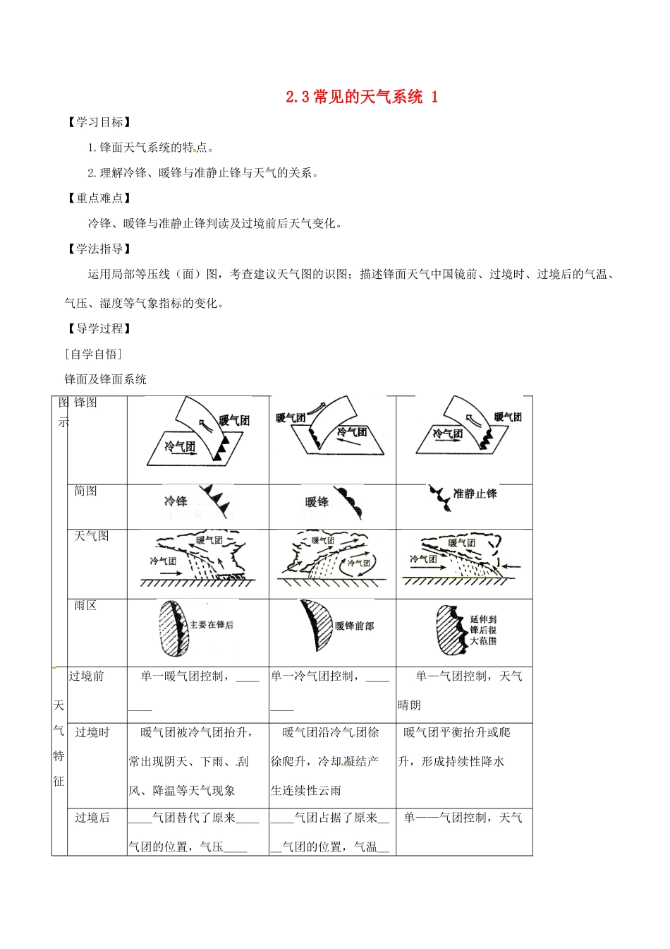 辽宁省东北育才中学2014-2015学年高中地理 2.3 常见的天气系统导学案 中图版必修1_第1页