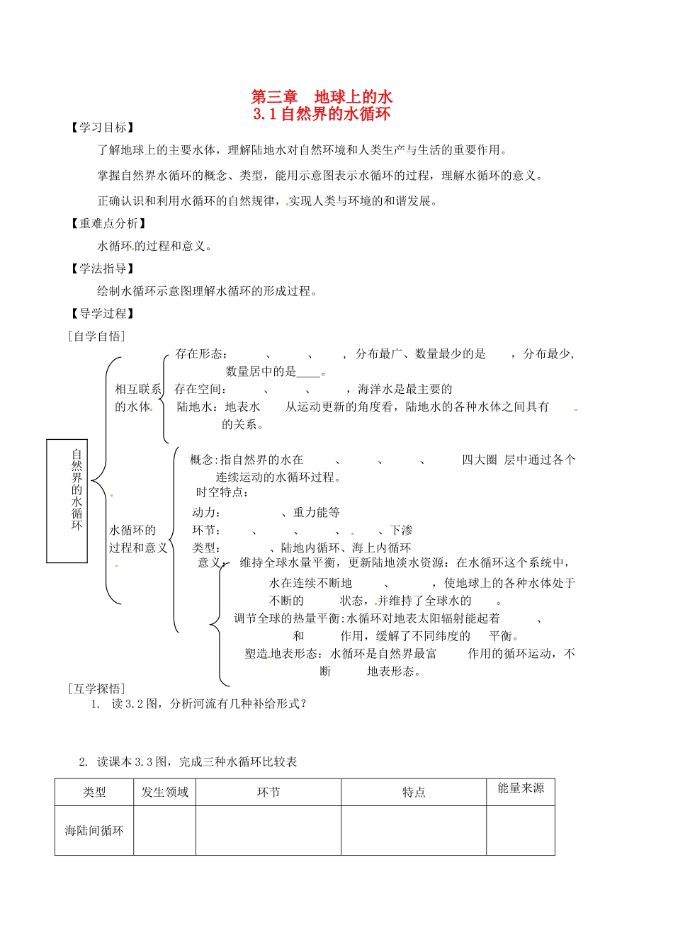 辽宁省东北育才中学2014-2015学年高中地理 3.1 自然界的水循环导学案 中图版必修1_第1页