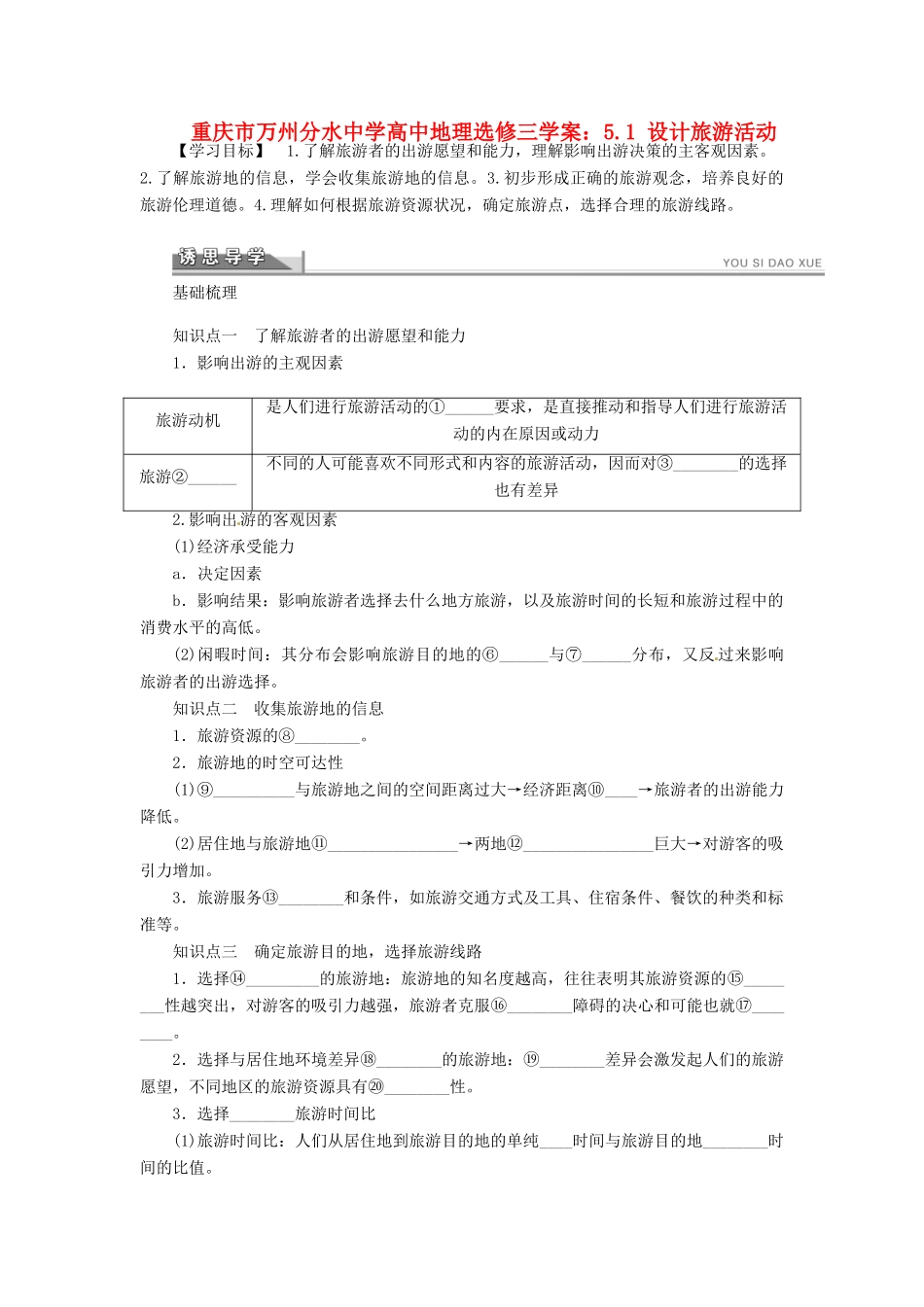 重庆市万州分水中学高中地理 5.1 设计旅游活动学案 新人教版选修3_第1页
