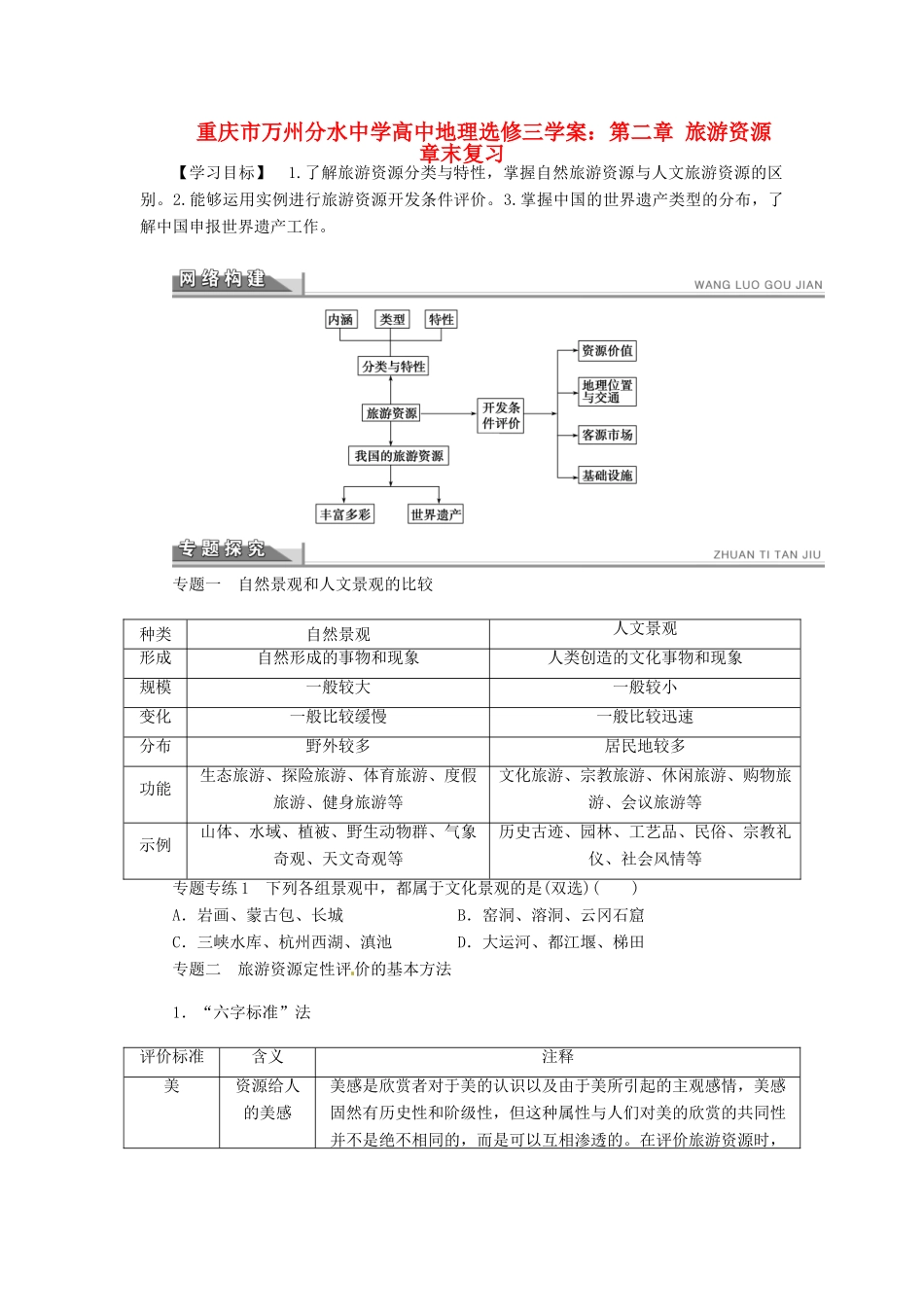重庆市万州分水中学高中地理 第二章 旅游资源 章末复习学案 新人教版选修3_第1页