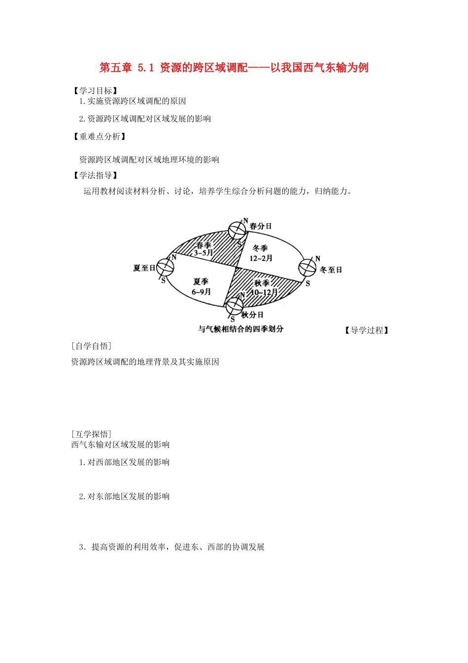 辽宁省东北育才中学2014-2015学年高中地理 5.1 资源的跨区域调配 以我国西气东输为例导学案 中图版必修3_第1页