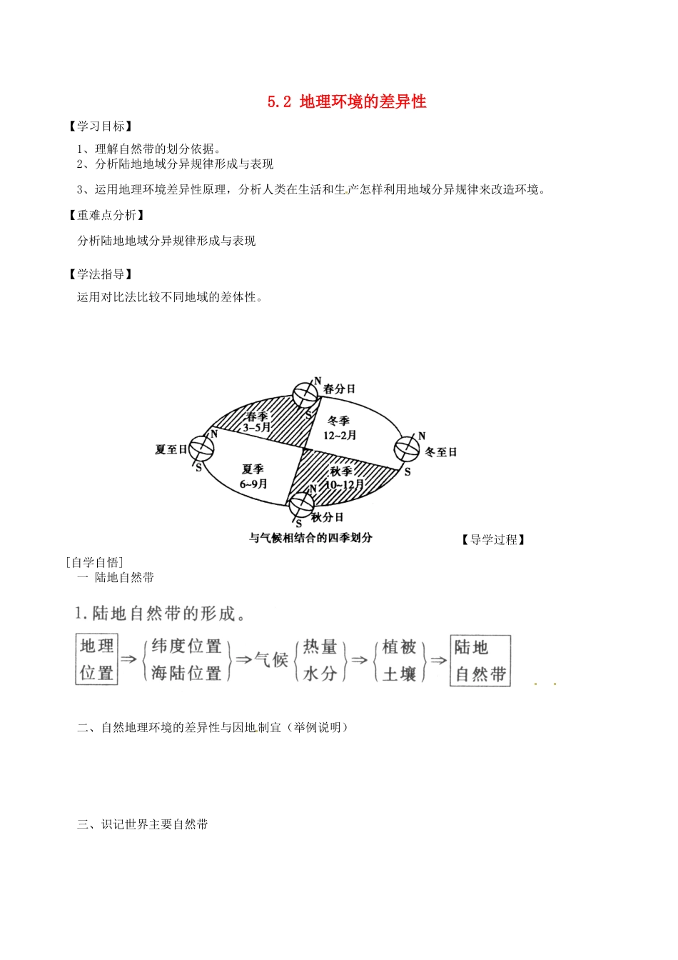 辽宁省东北育才中学2014-2015学年高中地理 5.2 地理环境的差异性导学案 中图版必修1_第1页