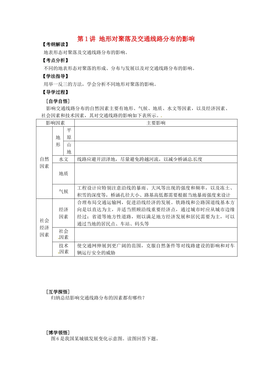 辽宁省东北育才中学2015届高考地理一轮复习 第六章 第1讲 地形对聚落及交通线路分布的影响学案_第1页