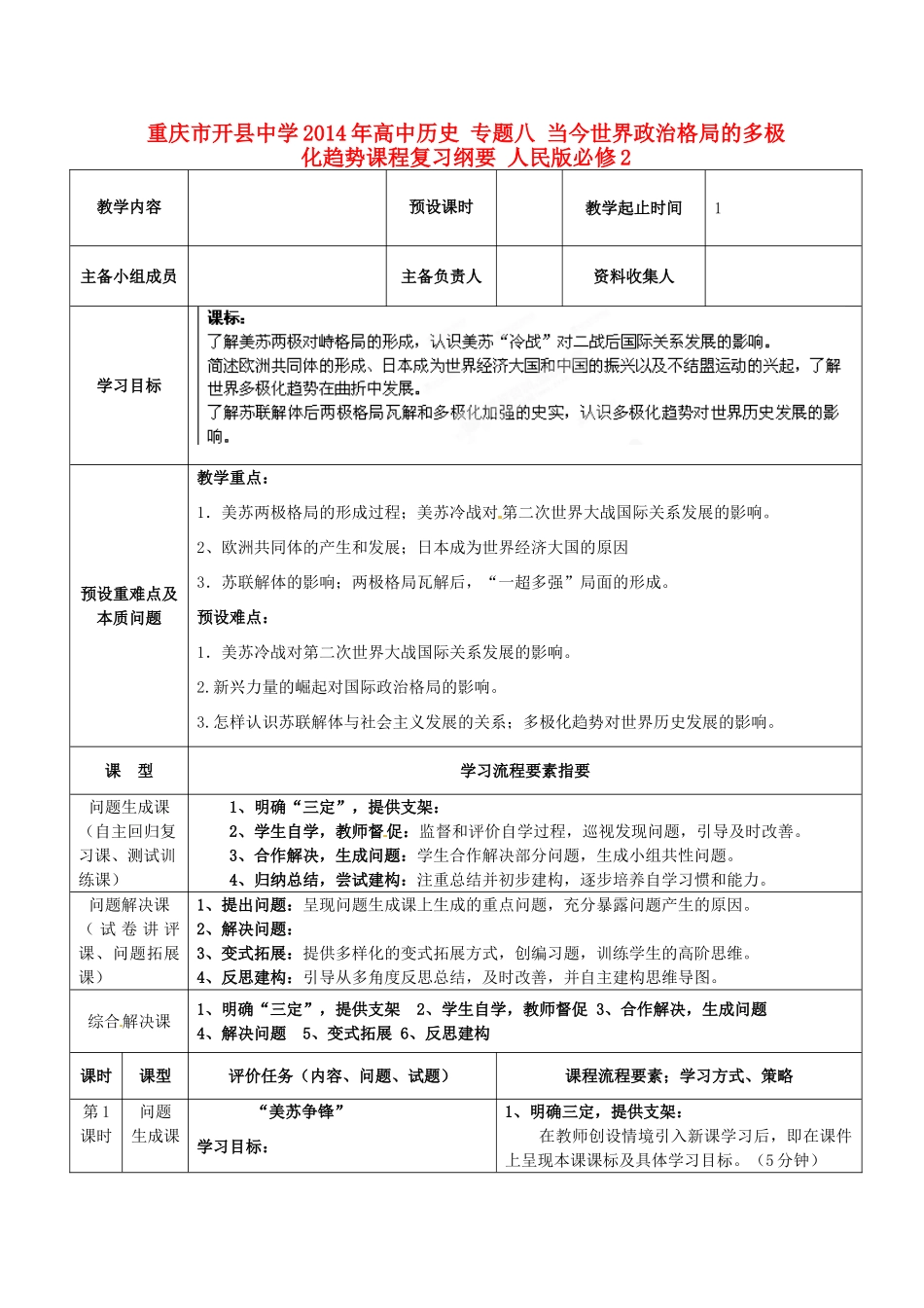 重庆市开县中学2014年高中历史 专题八 当今世界政治格局的多极化趋势课程复习纲要 人民版必修2_第1页