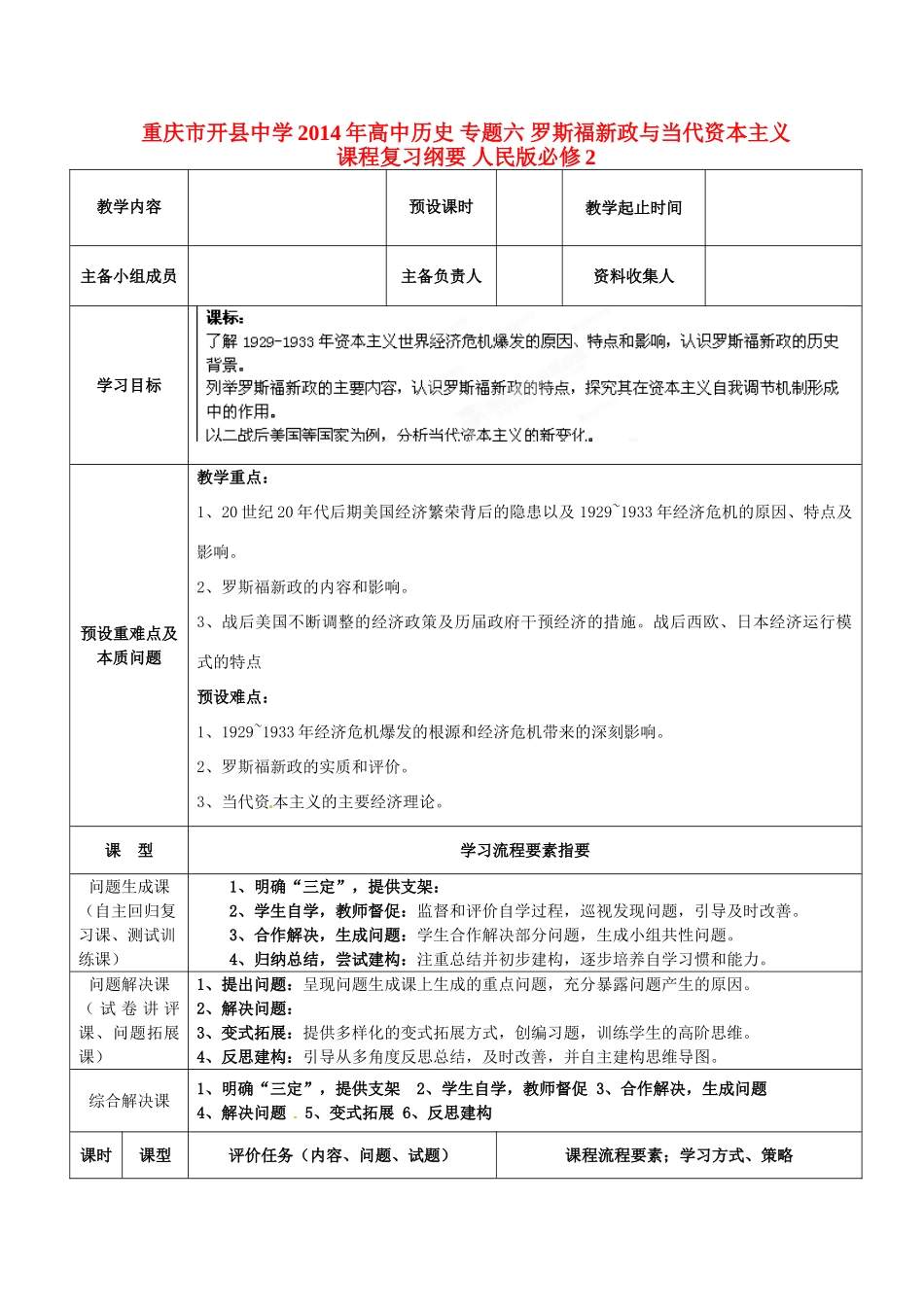 重庆市开县中学2014年高中历史 专题六 罗斯福新政与当代资本主义课程复习纲要 人民版必修2_第1页