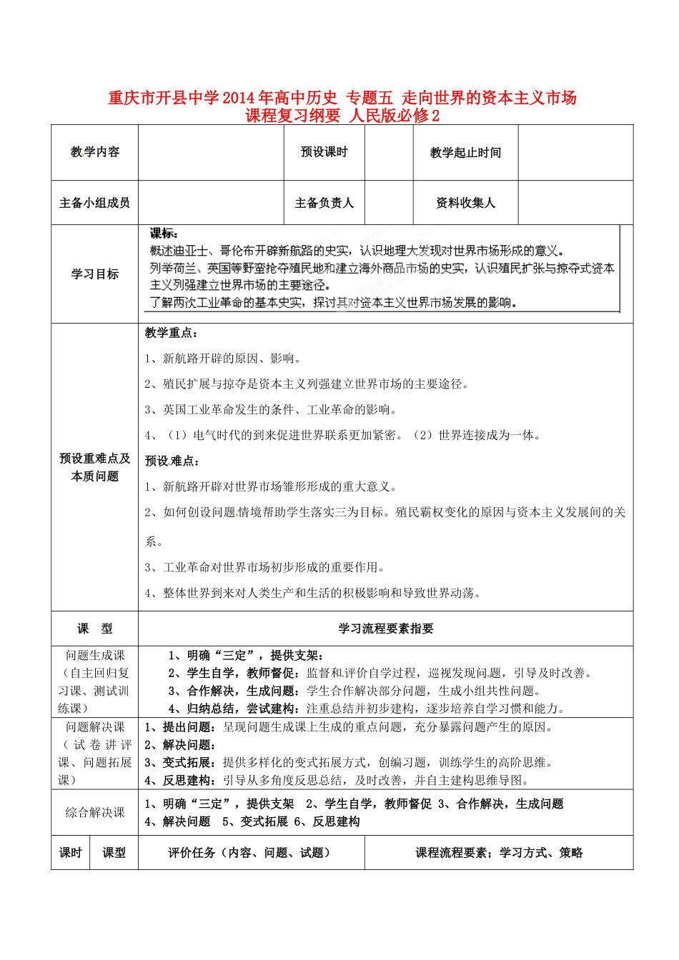 重庆市开县中学2014年高中历史 专题五 走向世界的资本主义市场课程复习纲要 人民版必修2_第1页