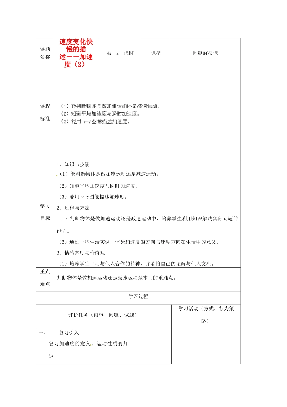 重庆市开县中学2014年高中物理 1.5 实验 速度变化快慢的描述 加速度(2) 教案 新人教版必修1_第1页