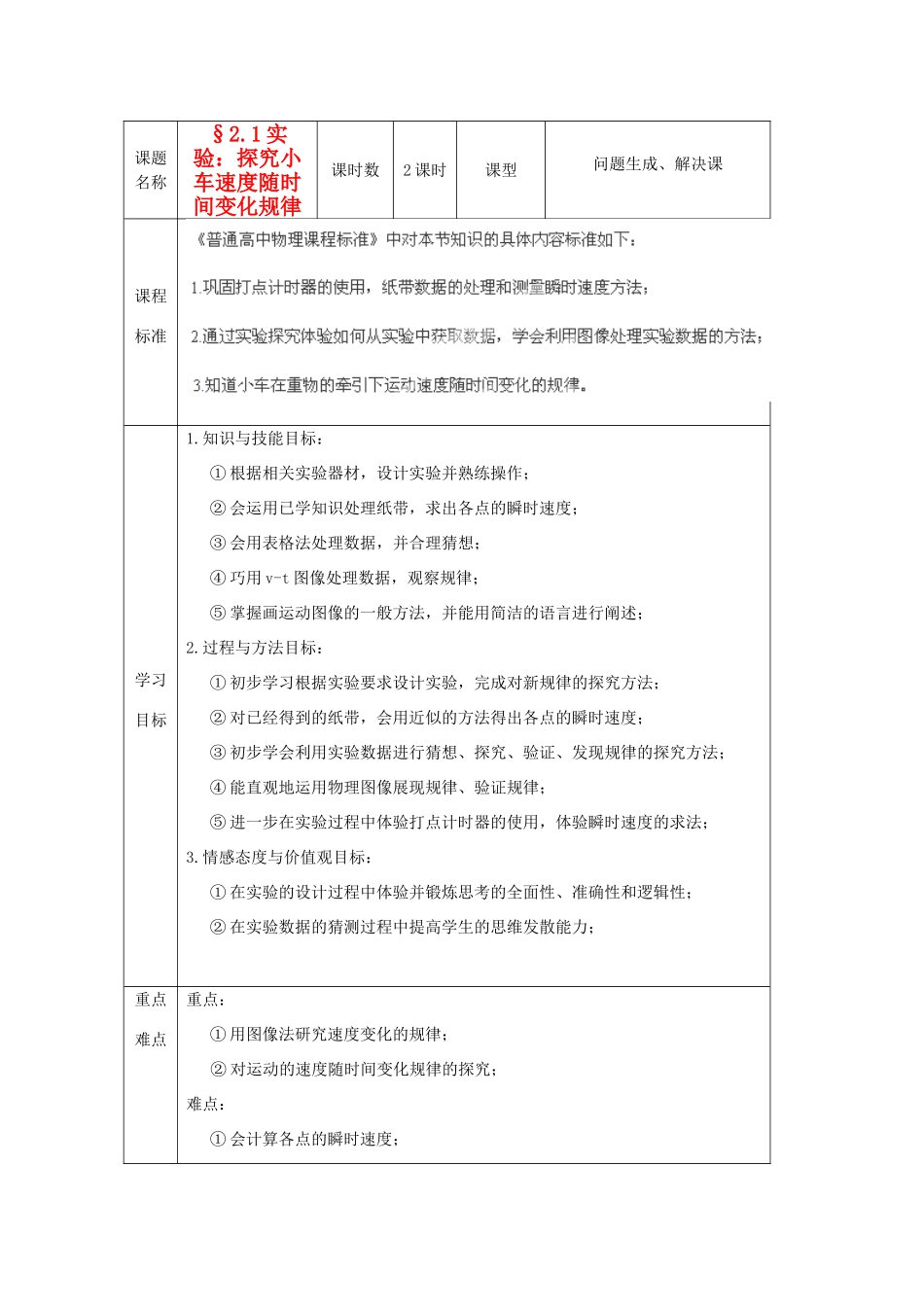 重庆市开县中学2014年高中物理 2.1 探究小车速度随时间变化规律教案 新人教版必修1_第1页