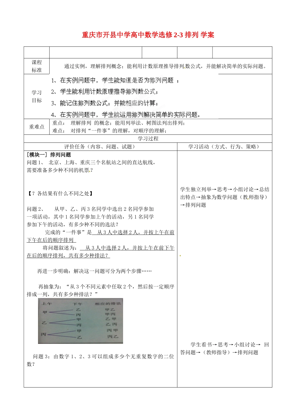 重庆市开县中学高中数学 排列学案 新人教A版选修2-3_第1页