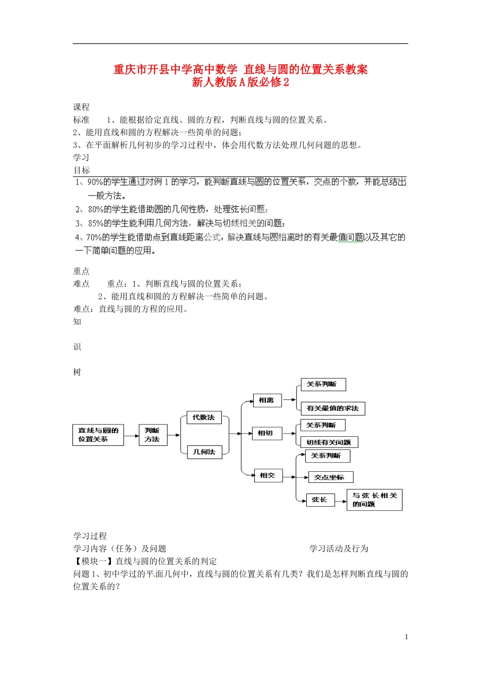 重庆市开县中学高中数学 直线与圆的位置关系教案 新人教版A版必修2_第1页