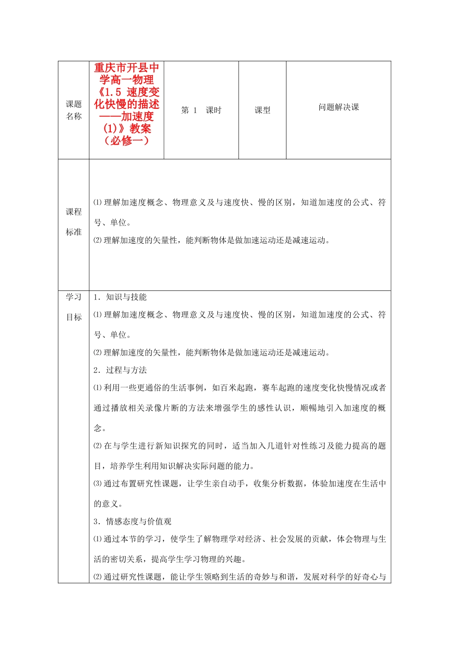 重庆市开县中学高中物理《1.5 速度变化快慢的描述——加速度(1)》教案 新人教版必修1_第1页