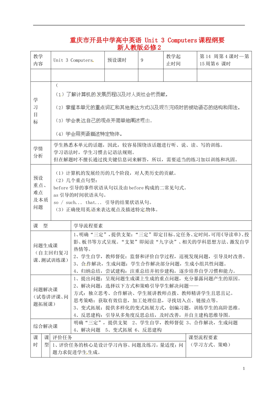 重庆市开县中学高中英语 Unit 3 Computers课程纲要 新人教版必修2_第1页