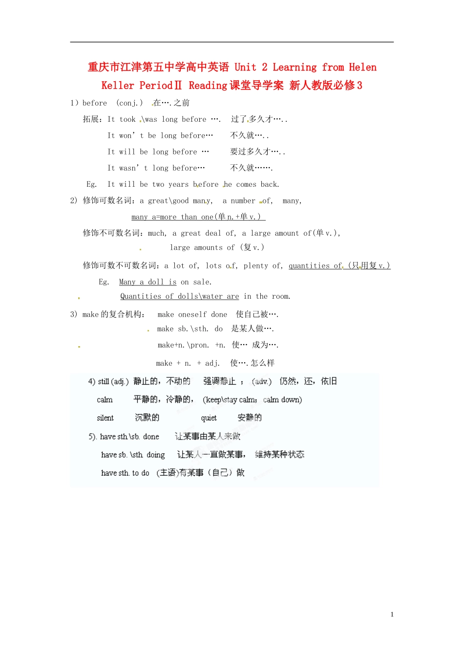 重庆市江津第五中学高中英语 Unit 2 Learning from Helen Keller PeriodⅡ Reading课堂导学案 新人教版必修3 _第1页