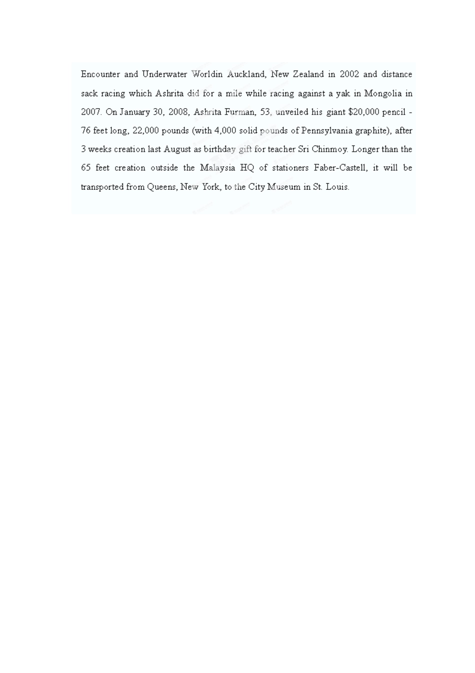 陕西省定边县第四中学高中英语 Unit 1 Breaking records 背景材料 文章 Ashrita Furman素材 新人教版选修9_第3页