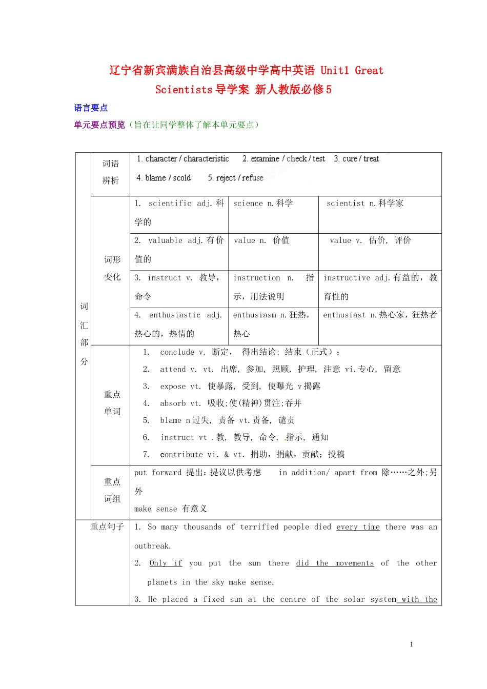 辽宁省新宾满族自治县高级中学高中英语 Unit1 Great Scientists导学案 新人教版必修5_第1页