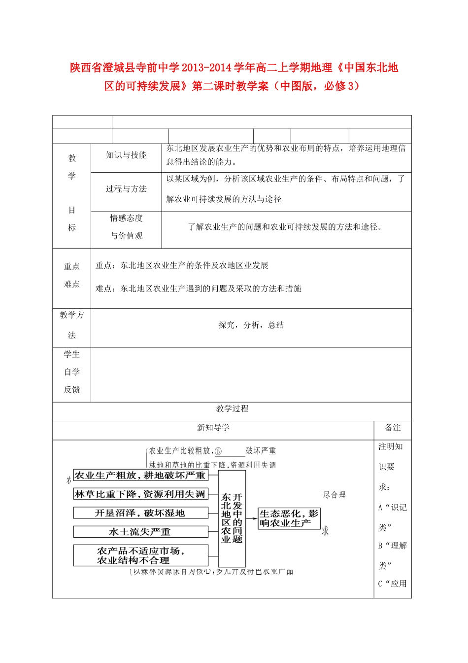 陕西省澄城县寺前中学2013-2014学年高二地理上学期《中国东北地区的可持续发展》第二课时教学案 中图版必修3_第1页