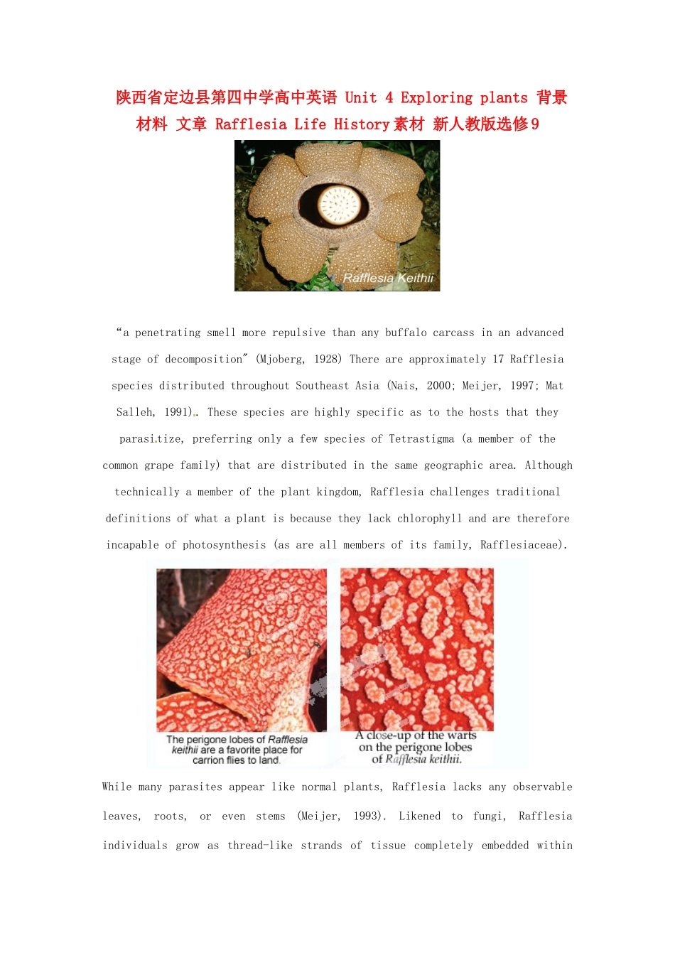 陕西省定边县第四中学高中英语 Unit 4 Exploring plants 背景材料 文章 Rafflesia Life History素材 新人教版选修9_第1页