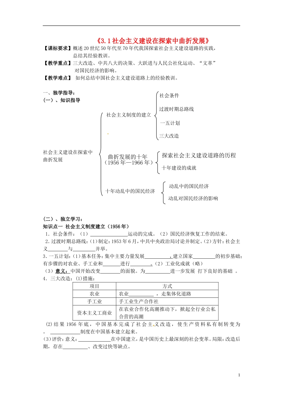 重庆市江津五中高中历史专题复习《3.1社会主义建设在探索中曲折发展》教案_第1页