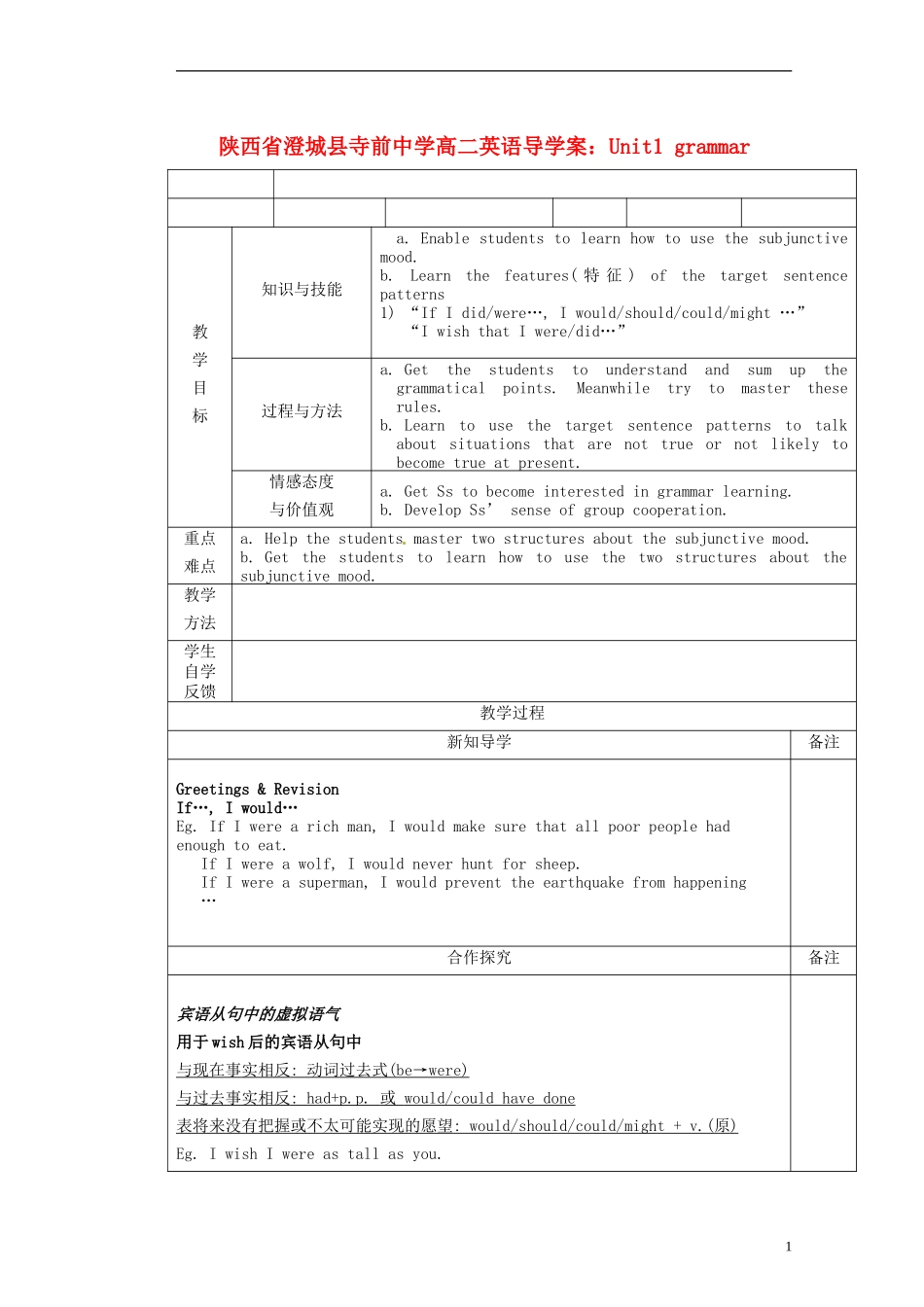 陕西省澄城县寺前中学高二英语 Unit1 grammar导学案_第1页