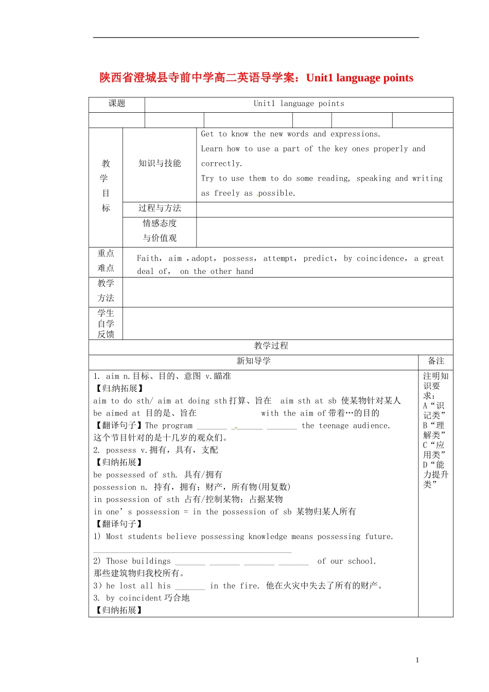 陕西省澄城县寺前中学高二英语 Unit1 language points导学案_第1页