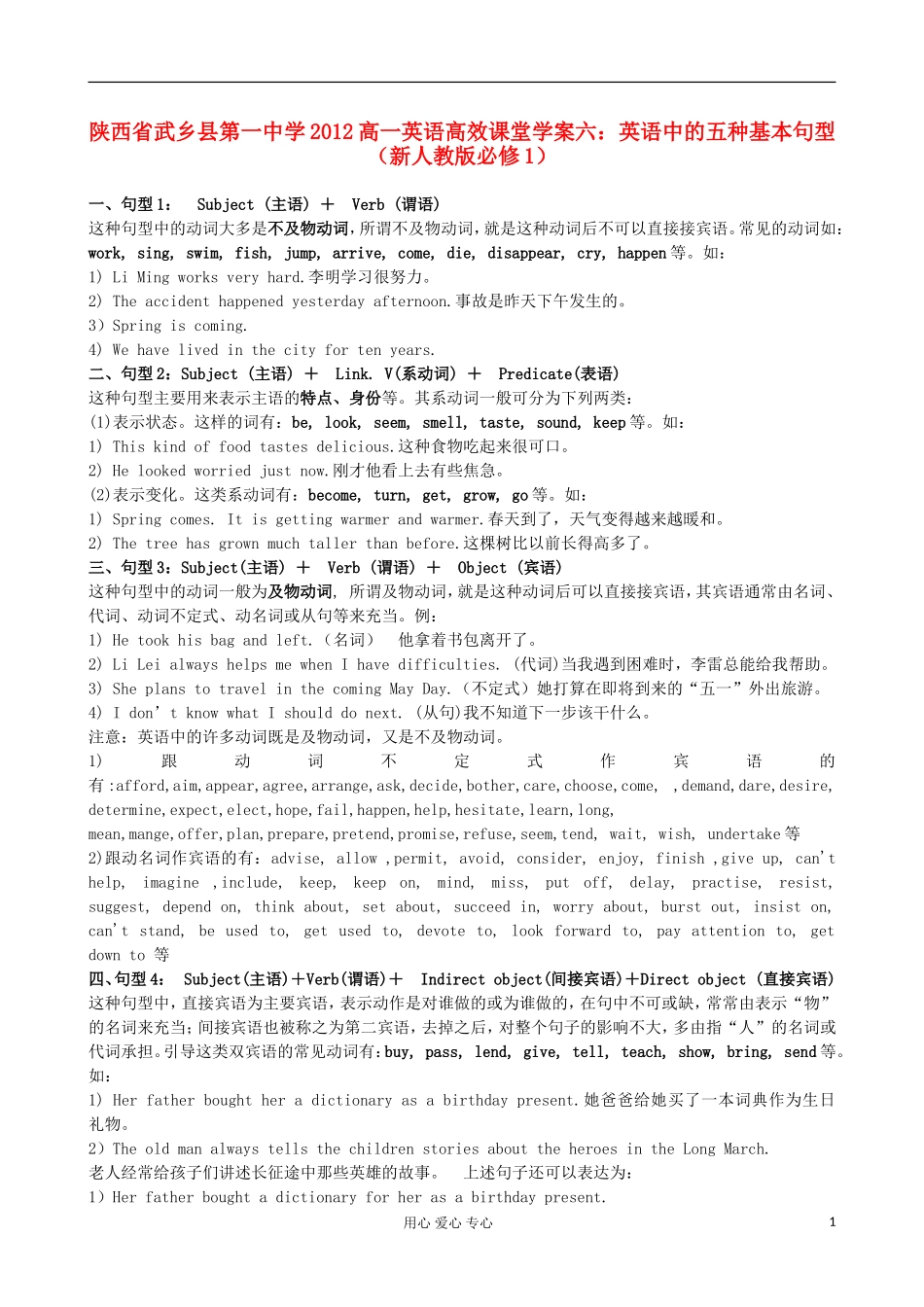 陕西省武乡县2012高中英语高效课堂 英语中的五种基本句型学案六 新人教版必修1_第1页
