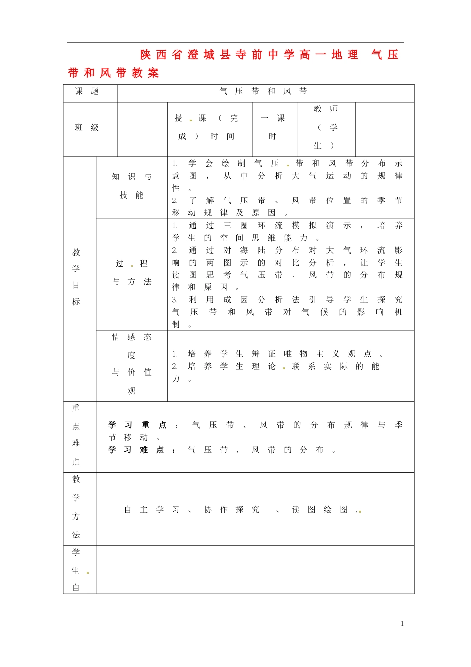 陕西省澄城县寺前中学高一地理 气压带和风带教案_第1页