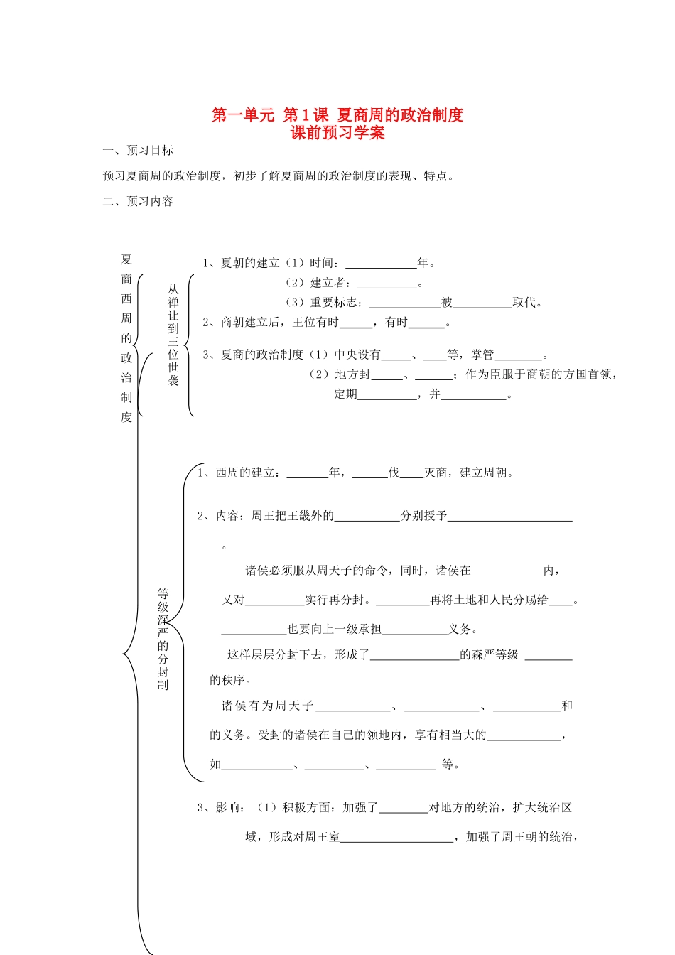重庆市万州分水中学2013高中历史 第1课 夏商周的政治制度课前预习学案 新人教版必修1_第1页