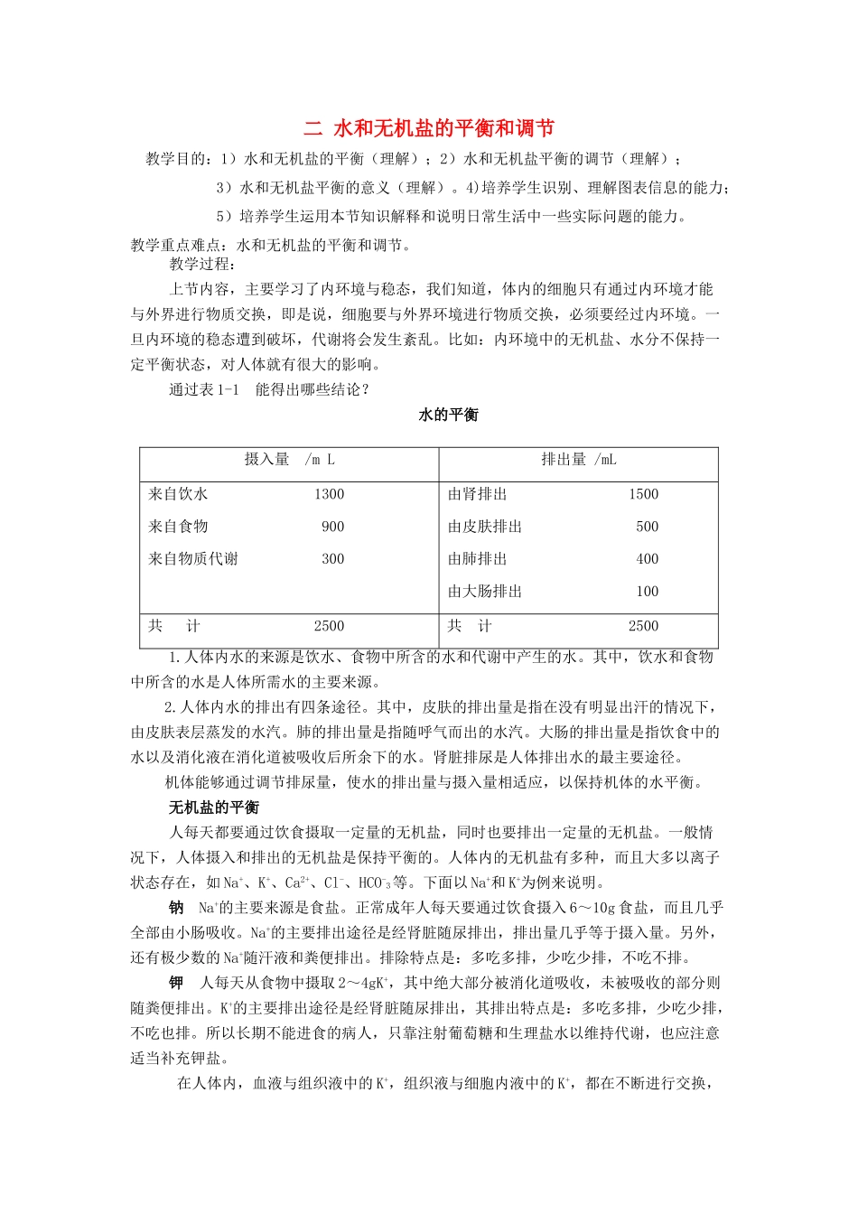 重庆市荣昌安富中学2014届高二生物 水和无机盐的平衡和调节教案_第1页