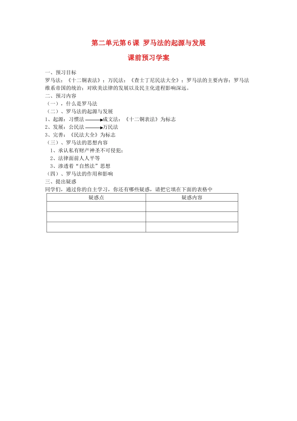 重庆市万州分水中学2013高中历史 第6课 罗马法的起源与发展预习学案 新人教版必修1_第1页
