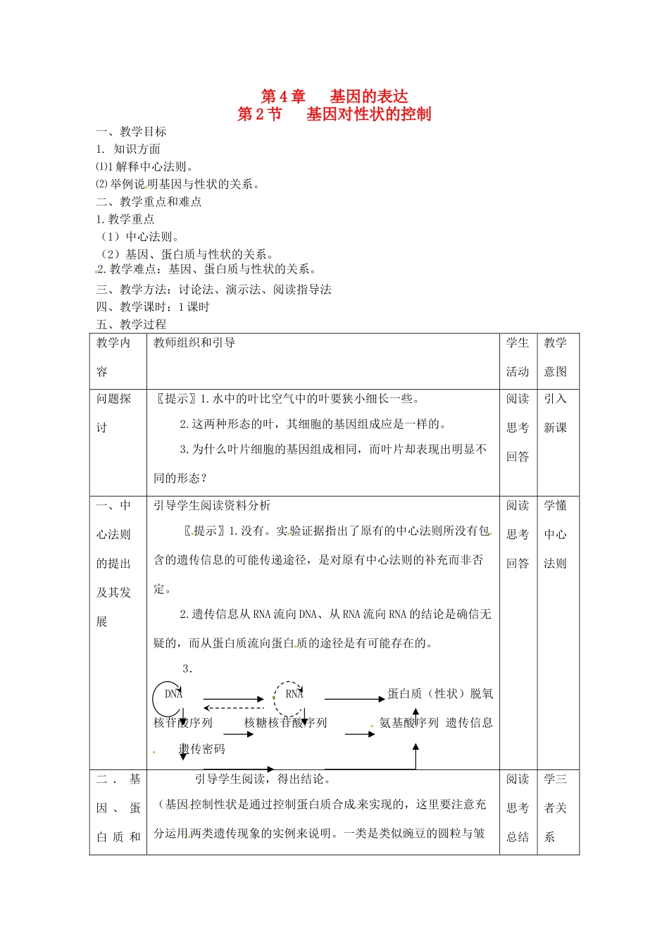 陕西地区2012高中生物复习资料 4.2《基因对性状的控制》教案 新人教版必修2_第1页