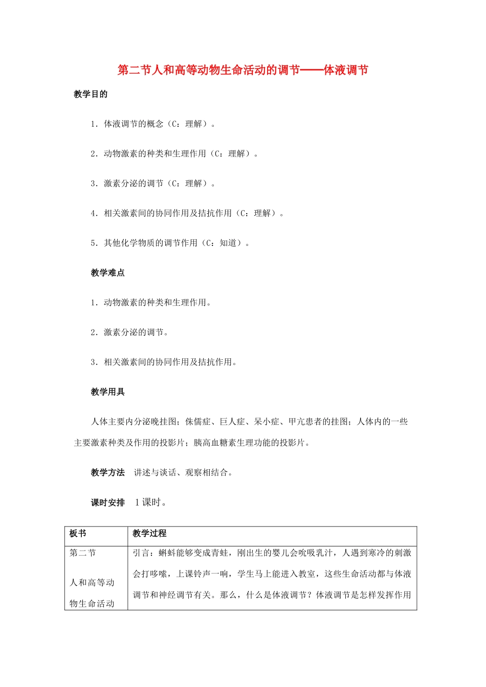 重庆市荣昌安富中学2014届高一生物 人和高等动物生命活动的调节 体液调节教案_第1页