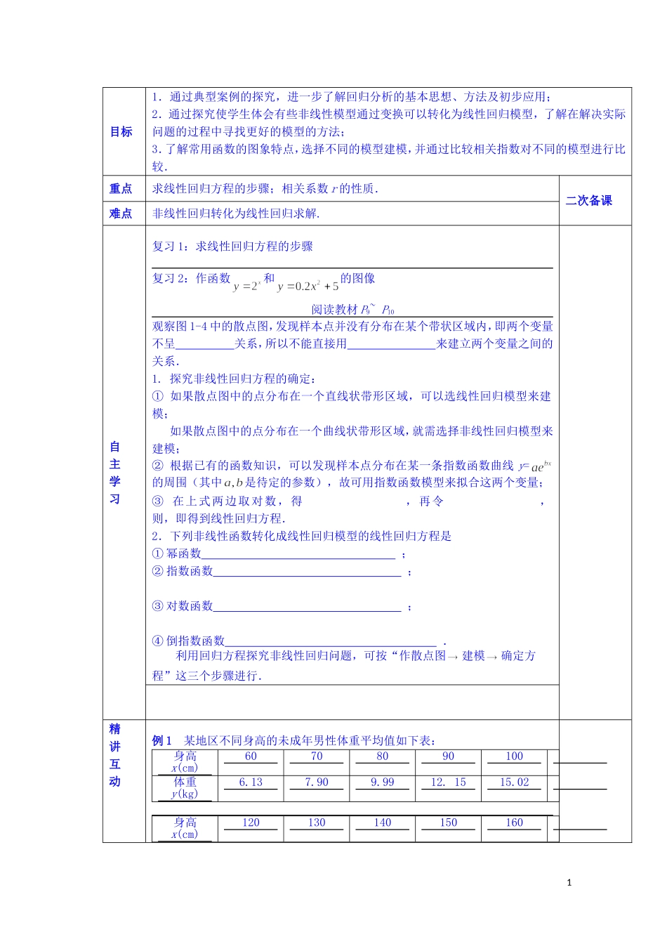 陕西省西安交大阳光中学高中数学 1.1.2 可线性化回归分析学案 新人教版选修1-2_第1页
